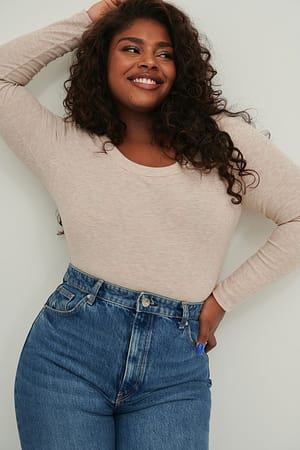 Beige Melange Recycled Scoop Neck Ribbed Top