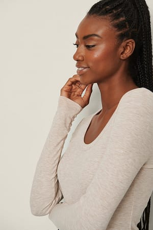 Beige Melange Scoop Neck Ribbed Top