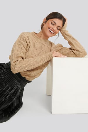Beige Regular Cable Knitted Sweater