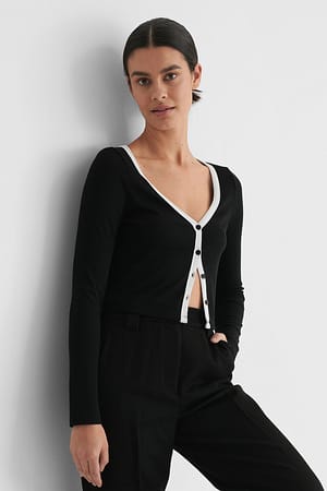 Black/White Rib Button Cardigan