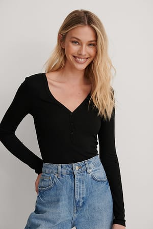 Black Rib Button Detail Top