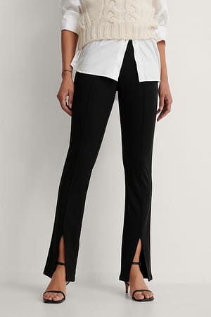 Black Rib Front Slit Pants