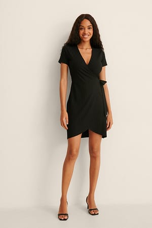 Black Rib Wrap Short Sleeve Dress