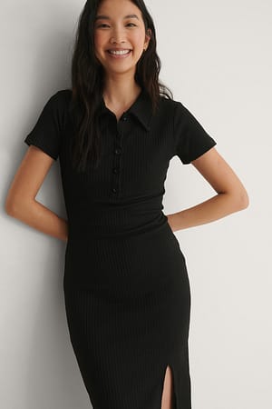 Black Ribbed Button Slit Dress