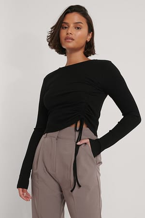 Black Ribbed Drawstring Top