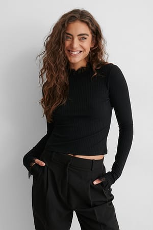 Black Ribbed High Neck Lace Top