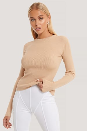 Beige Ribbed Knitted Round Neck Sweater