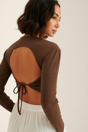 Brown Geribde top met open rug