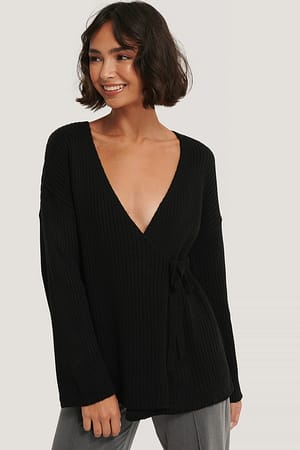 Black Ribbed Overlap Tie Sweater
