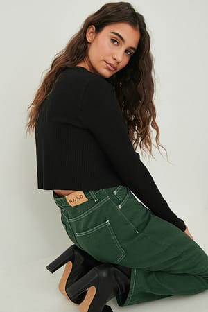 Black Ribbed Oversized Long Sleeved Crop Top