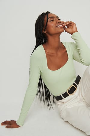 Light Green Ribbed Square Neck Detail Top