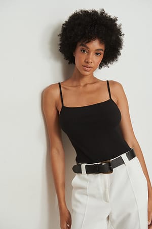 Black Ribbed Thin Strap Singlet