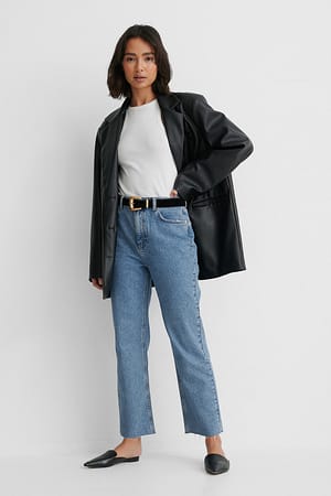 Mid Blue Rigid High Waist Straight Cropped Jeans