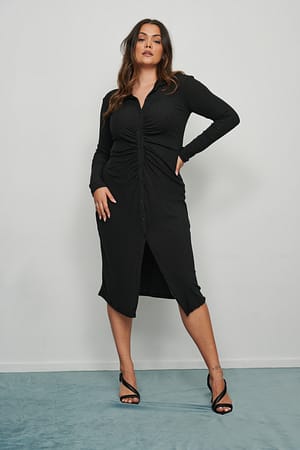 Black Rouched Button Detail Midi Dress