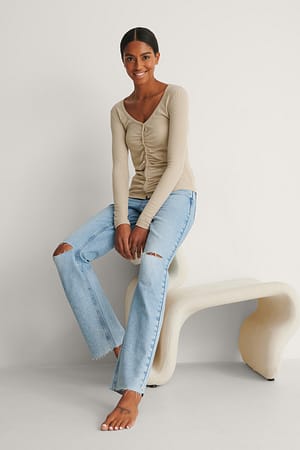 Beige Haut côtelé boutonné et ruché recyclé