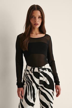 Black Round Neck Mesh Top