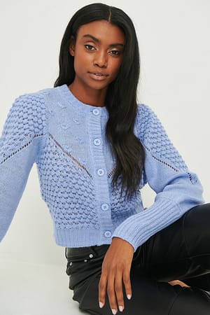 Blue Round Neck Pattern Knit Cardigan