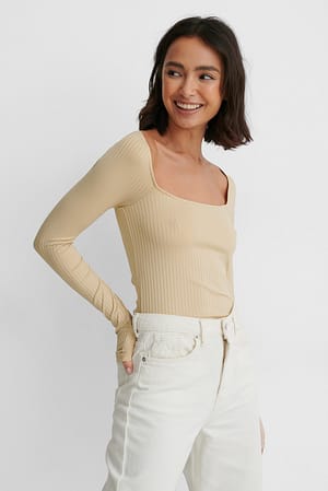 Beige Round Neck Rib Top