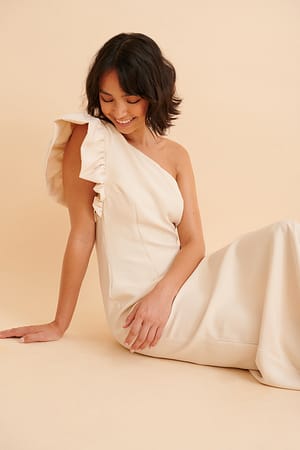 Beige Maxi-Jurk Met Split En Pofmouwen