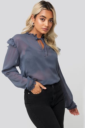 Dusty Dark Blue Sheer High Neck Frill Blouse