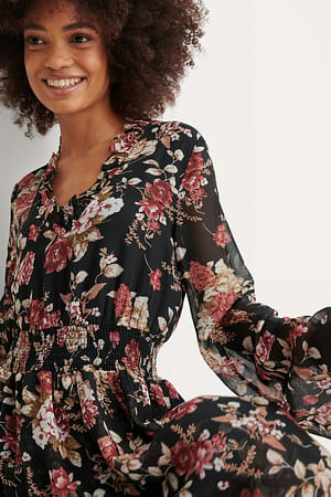 Black Flower Print Shirred Detail Dress