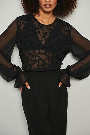 Black Shirred LS Blouse