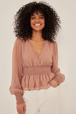 Dusty Pink Plissert bluse med smock i midjen