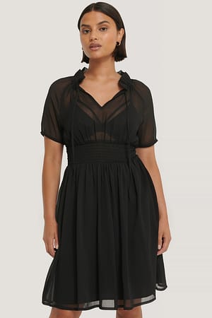 Black Geplooide Smocktop Met Korte Mouwen
