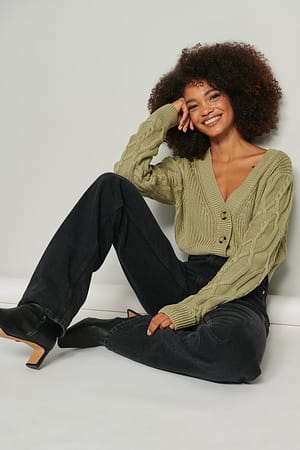 Light Khaki Short Ribbed Knitted Cardigan