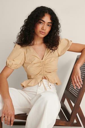 Beige Short Sleeve Drawstring Top