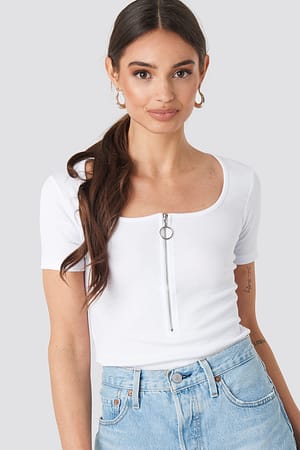 White Short Sleeve Zipped Top