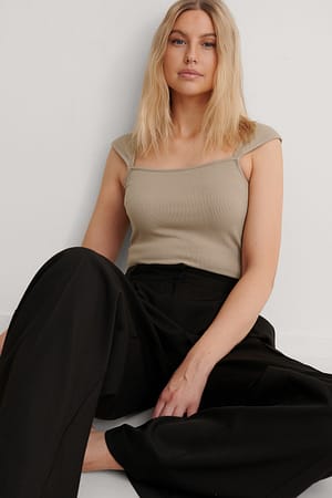 Dark Beige Shoulder Detail Ribbed Top