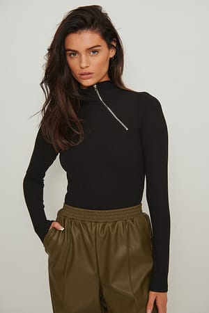 Black Side Zip Rib Top
