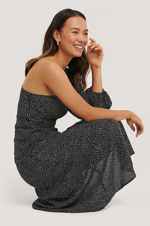 Black/White dots Gestippelde Jurk Met Één Schouder