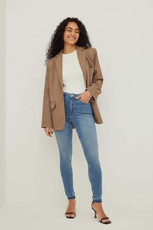 Mid Blue Skinny High Waist Open Hem Jeans