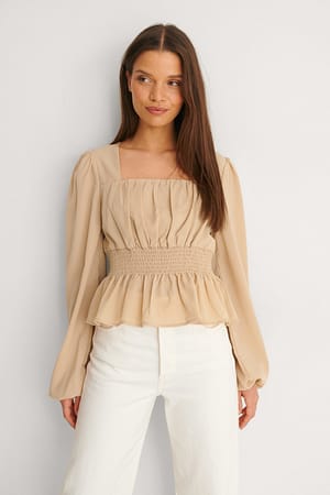 Beige Recycled veckad blus med smock i midjan