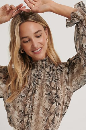 Snake Print Smocked Detail Printed Blouse