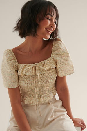 Flower Light Yellow Print Smocked Frill Top