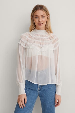 White Smocked Neck Blouse