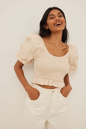 Beige Smocked Short Puff Sleeve Top