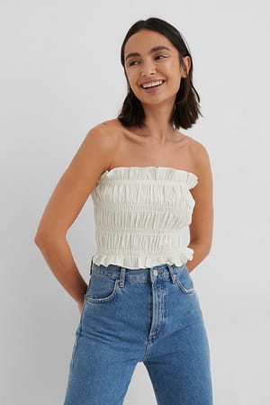 Off White Smocked Satin Top