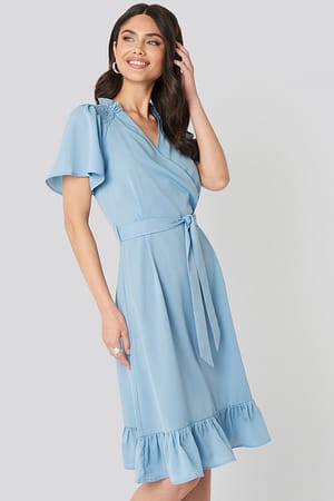 Light Blue Smocked Shoulder Belted Frill Dress