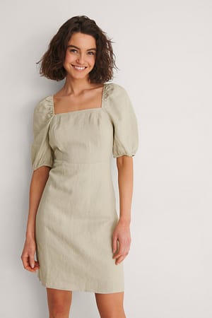 Beige Square Neck Mini Linen Dress