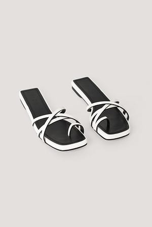 White/Black Squared Toe Strap Flats