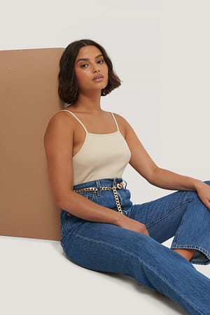 Beige Strap Ribbed Singlet