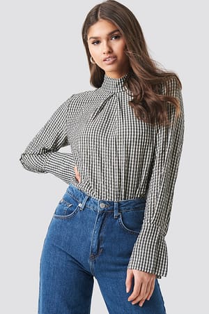 beige/Black Structured Checkered High Neck Blouse