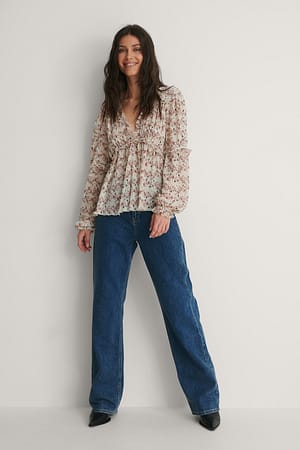 White Print Blouse Met Structuur