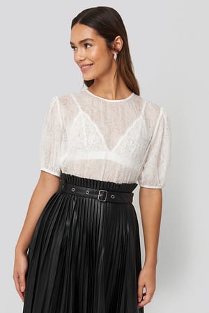 White Structured Rose Puff Blouse