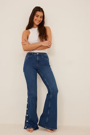 Dark Blue Stud Seam Flared Denim