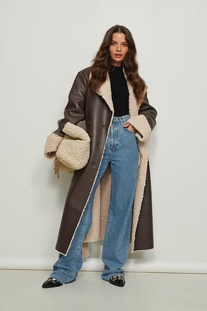 Brown PU jas met teddy detail